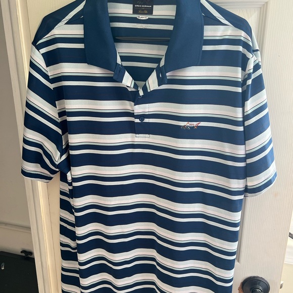 Greg Norman Men's Striped Polo Shirt - Navy and White - Picture 1 of 2